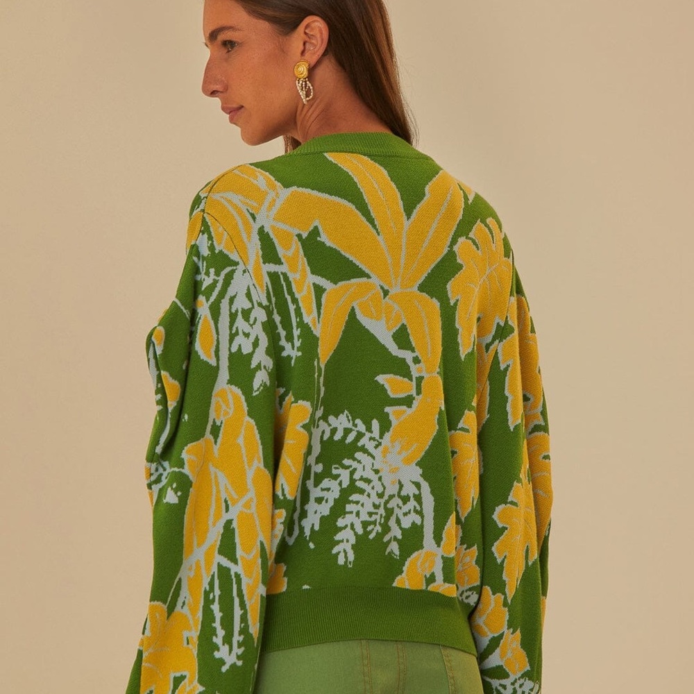Farm Rio Small Foliage Sketch Knit Cardigan Sweater Green Yellow Preppy $220 New - Picture 7 of 8